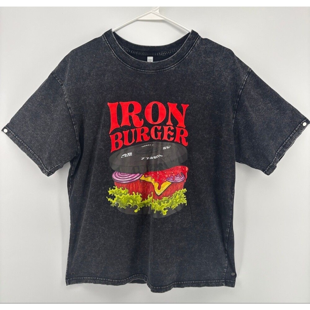 Men's S Black Iron Burger Barbell Gym Graphic T-Shirt Acid Wash